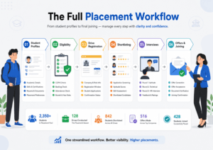 Full placement workflow from student profiles to offers and joining confirmation
