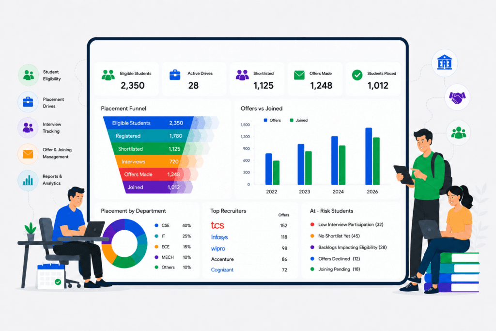 Placement management system dashboard for colleges with placement workflow and analytics.